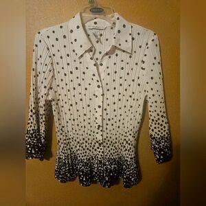 Women Fred David Polka Dot Blk/White 3/4 Sleeve Stretch Button Up Up Top Sz PXL